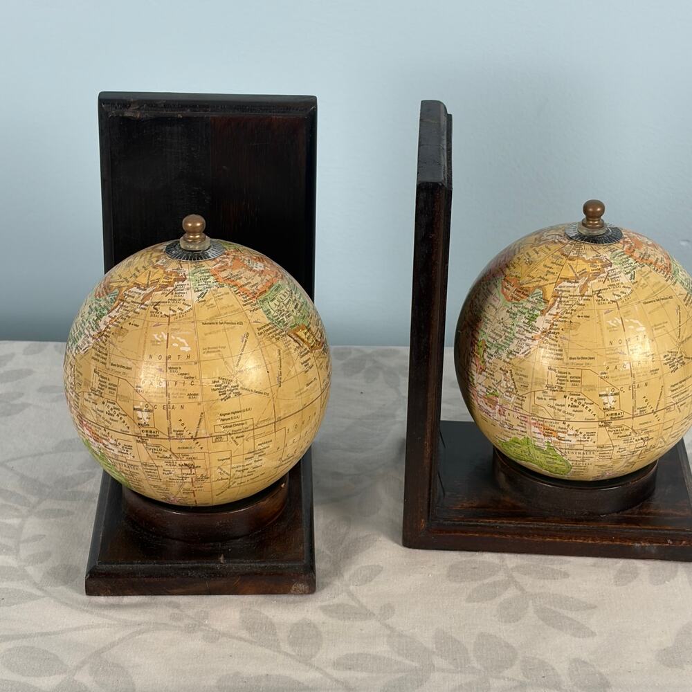 Dark Academia Globe Bookends Pair Dark Wood Old World Map Library Decor Oldworld